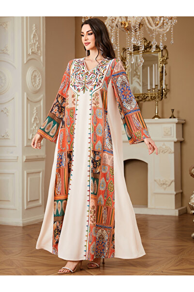 Take Two By Styli Beige V-Neck Embroidered Maxi Jalabiya