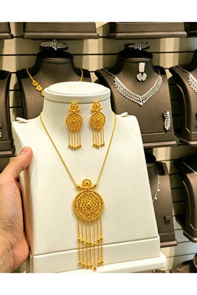 SAMGE 24K Gold-Plated Filigree Jewelry Set (Round Tassel Pendant Necklace & E...