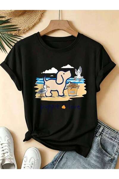NOURAM Puppy Love And Seagull Scene Pattern Women T Shirt Fashion Brand Summe...