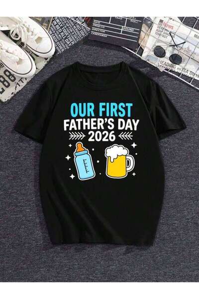 kai22 "Our First 2026" T-Shirt - Baby Bottle And Beer Print, Casual Crew Neck...