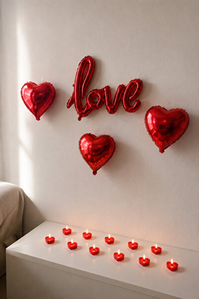 Organizasyon Pazarı Valentine's Day Love Set 3 Heart Foil Balloons 10 Heart C...