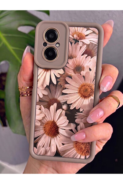 Rivor Realme 12 Lite Uyumlu Kılıf Kamera Korumalı Vintage Papatya Desenli Kahverengi Silikon Kapak