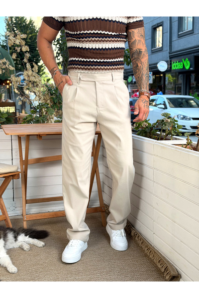 manch collection Single Pleated Belt Detailed Cotton Trousers