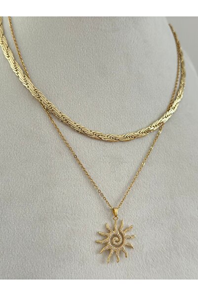 mibrillo Zircon Stone Sun Pendant and Spiral Jewelry Necklace Double Pendant Set