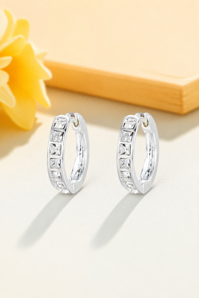 THE Steel Silver Color Square Zircon Stone Hoop Women's Earrings
