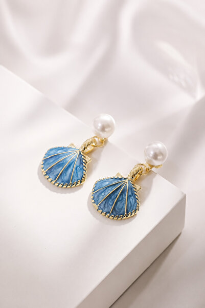 THE Steel Blue Seashell Figured Pearl Detailed Gold Color Women's Earrings