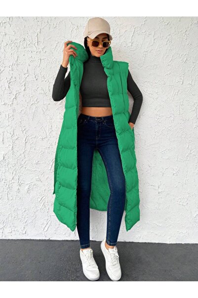 ladyzey Women's Pistachio Green Stand-Up Collar Double Pocket Belted Long Puf...