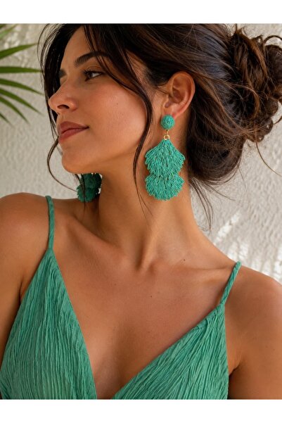 Kutcha Accessories Yeşil Kâğıt İp Deniz Kabuğu Küpe