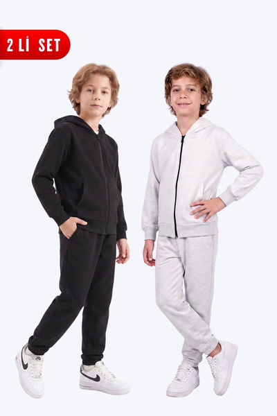 FYK KİDS Boy's 2-Piece Plain Basic Zippered Hooded Double Pocket Tracksuit Set