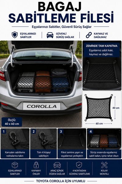 BEKSİT DRIVE Bagaj Sabitleme Filesi Toyota Corolla Uyumlu(40x60)