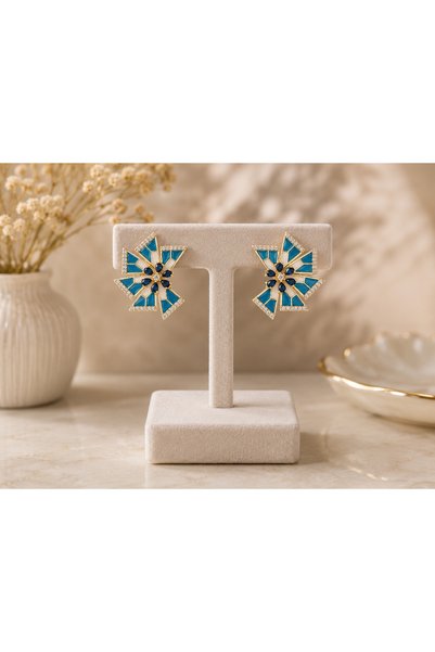 ANKA JEWELLRY Blue Flower Patterned Stone Zircon Earrings Steel Women's Earrings
