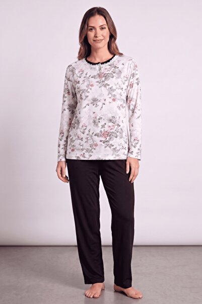 hadiora Women's Black Oversized Floral Long Sleeve Pajama Set