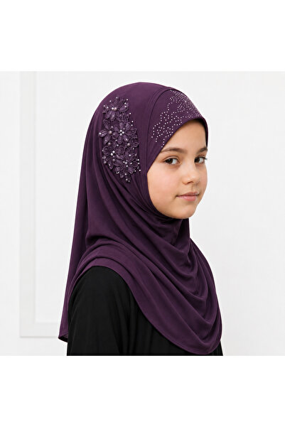 Linda Hijab Linda Premium Rayon Hijab for kids Peach Embellished Islamic Headscarf with Pearl & Rhinestone Floral Details, Size S