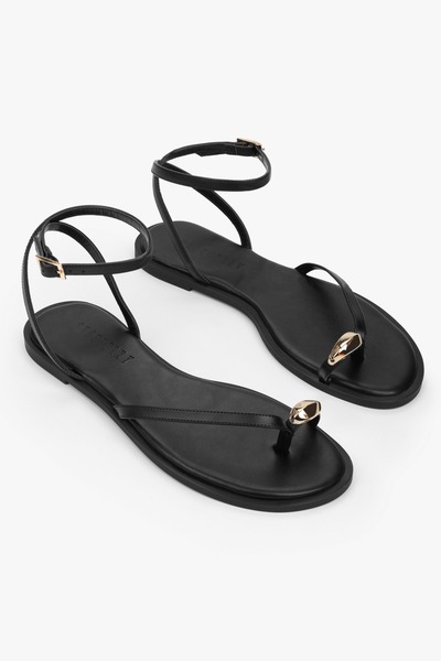 Shoeberry Women's Ronie Black Leather Sandals with Buckle Detail