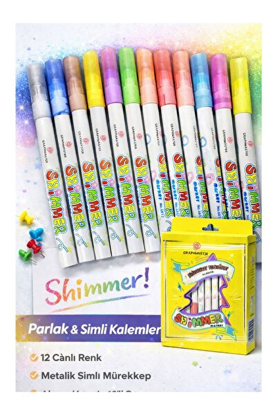 tüftürük Graphmaster Shimmer Marker 12 Pcs Glitter & Shiny Color Felt Tip Pen...