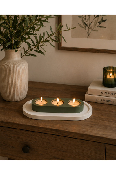 BUBUHOMEDECOR 3’lü Oval Mumluk Dekoratif Tepsi – El Yapımı Şık Mumluk