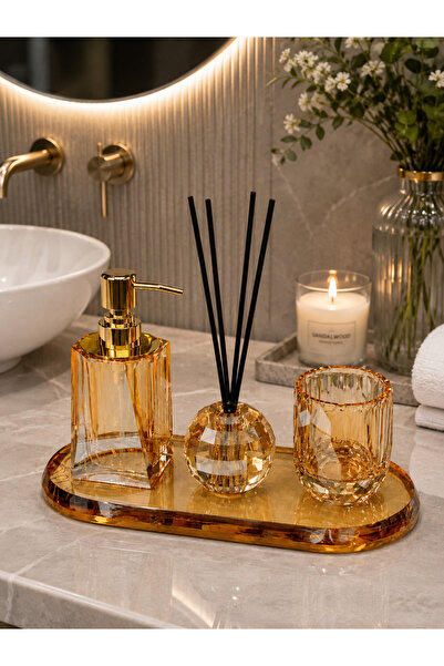 Hinora 3-Piece Glass Bathroom Set – Crystal Cut Liquid Soap Dispenser, Air Fr...