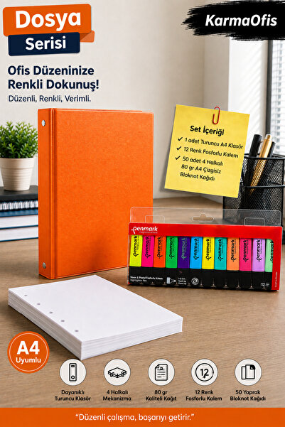 KarmaOfis A4 4-Ring Orange Folder Set – 6 Neon 6 Pastel 12 Color Highlighters...