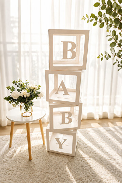 Parti Zamanı BABY Harfli Dekoratif Kutu Seti – 4’lü Bebek Odası Dekoru, Doğum...