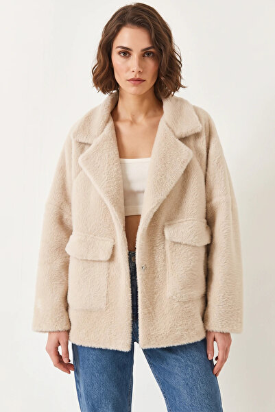 Efnaz style Women's Double Pocket Oversize Plush Beige Coat