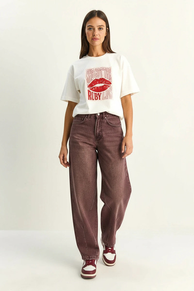 Efnaz style Women's Vintage Washed Baggy Cut Comfortable Fit Denim Plum Pants