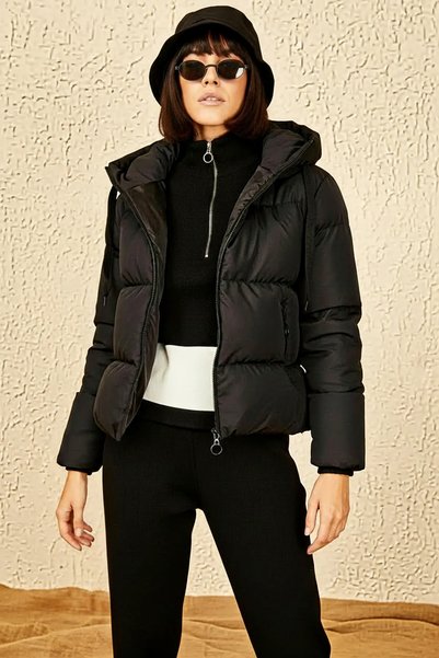TARZIM SPOR GİYİM Women's Hooded Inflatable Black Coat