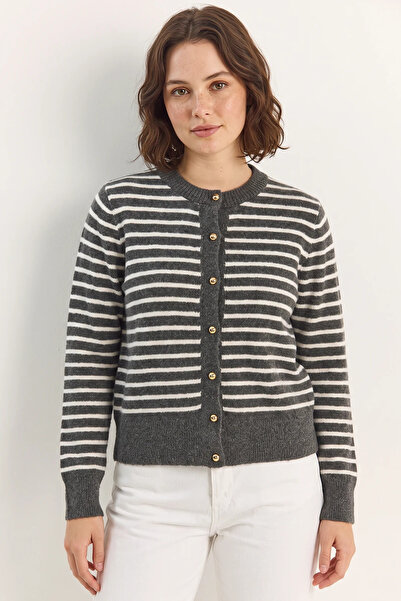 Şeker Portakalım Women's Gold Button Detailed Thin Striped Crew Neck Knitwear...