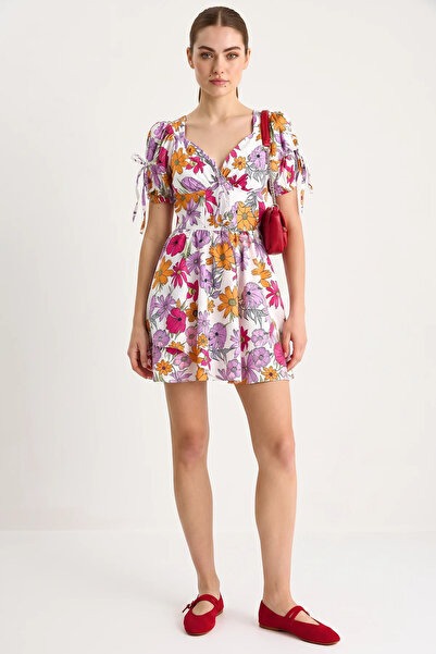 Efnaz style Women's Floral Patterned Mini Fuchsia Dress with Bow Detail