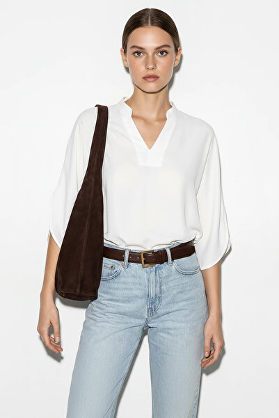 Generic Brand Women's High Collar V-Neck Loose Cut Bat Sleeve White Blouse