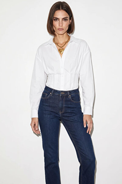 Efnaz style Women's Pleated Waist-Fitted Poplin White Shirt