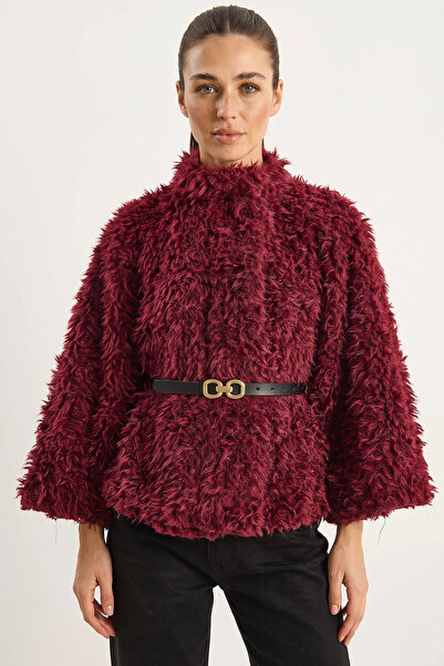 Efnaz style Women's Belt Detailed Soft Textured Plush Poncho Claret Red