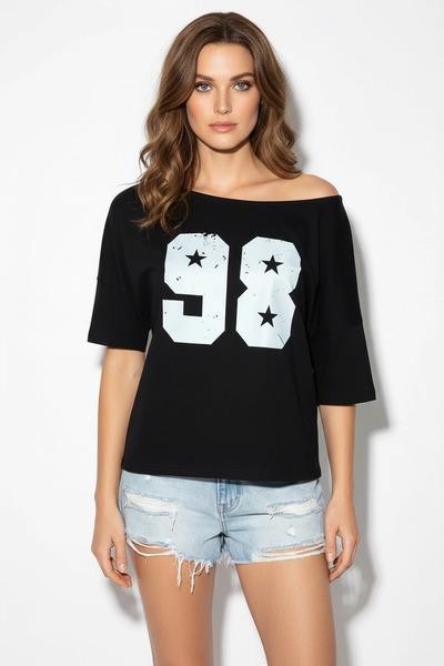 Şeker Portakalım Women's Boat Neck Printed Oversize Cotton Black T-Shirt