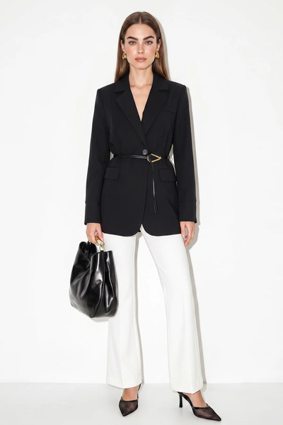 Efnaz style Women's Garni Sleeve Detailed Belted Blazer Black Jacket