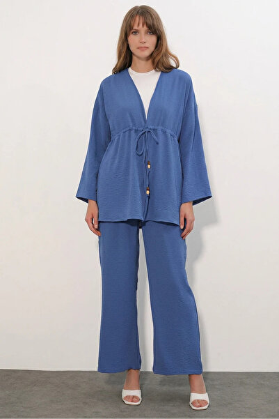 Şeker Portakalım Women's V-Neck Gathered Waist Indigo Set