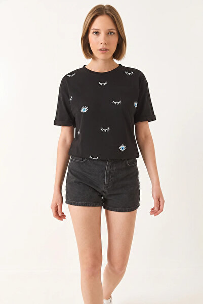 Efnaz style Women's Eye Print Short Sleeve Cotton Oversize t Shirt Black