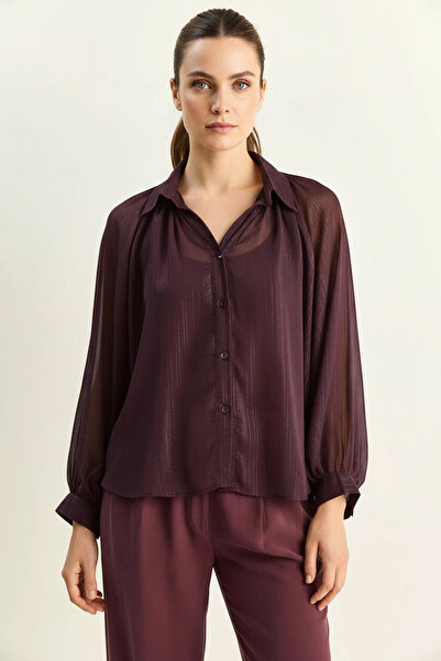 Efnaz style Women's Sim Detailed Bat Sleeve Chiffon Purple Shirt