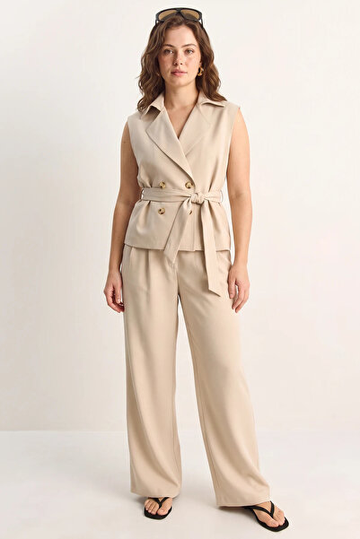 Şeker Portakalım Women's Double-Breasted Collar Belted Classic Vest High-Wais...
