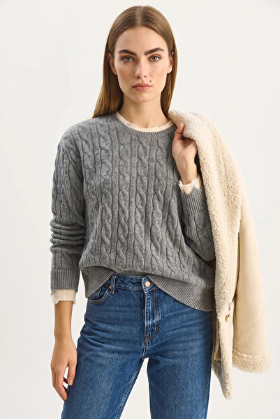 Generic Brand Women's Crew Neck Hair Knit Patterned Ribbed Cuff Detailed Knit...