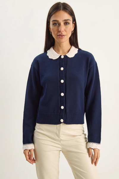 Generic Brand Women's Baby Collar Sleeve Detailed Knitwear Navy Blue Cardigan