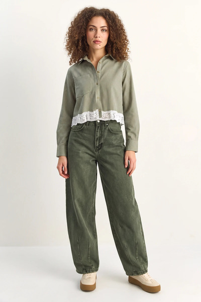 Efnaz style Women's Vintage Washed Baggy Cut Comfortable Fit Denim Khaki Trou...