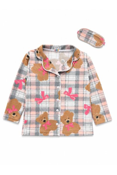 Fil Kids Girl's Cotton Suede Fabric Pink Plaid Teddy Bear Pattern Shirt Collar Winter Pajamas with Sleeping Band and Black Piping