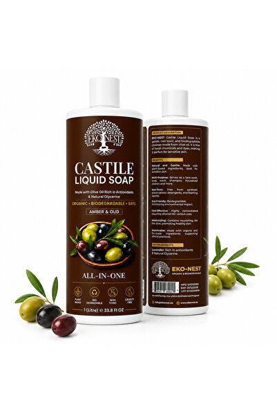 EKO-NEST Pure Castile Liquid Soap 1L – 100% Olive Oil 18-in-1 Multipurpose So...