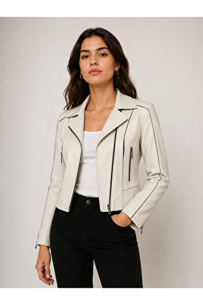 LİDYA DERİ Women's Beige Biker Leather Jacket