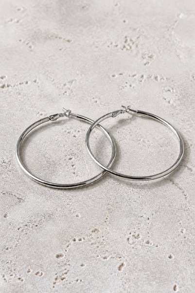 LYKOS Silver Color 46 mm Steel Plain Classic Hoop Earrings - Minimalist Clip-...