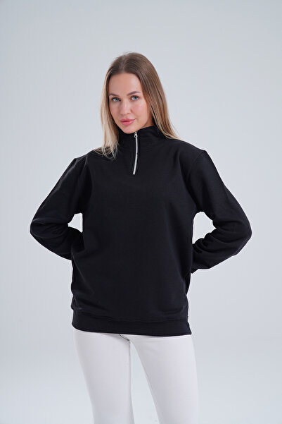 SANTAMİLA Black High Collar Zippered Oversize Sweatshirt