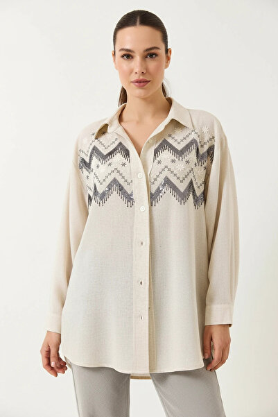 Generic Brand Women's Embroidered Oversize Linen Stone Shirt