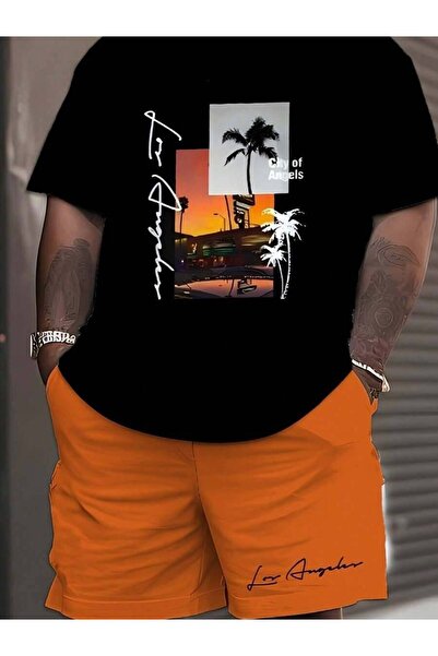 NOURAM Plus Size Men's Sunset Graphic T-Shirt, Palm Trees & Building Print, '...