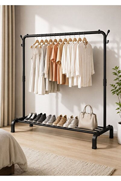 TSUMAB Heavy-Duty Single Pole Clothes Rack with Shoe Storage Shelf – Freestan...