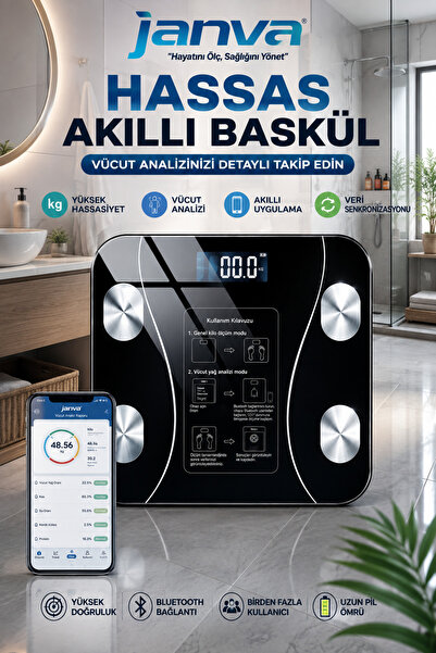 Janva Dijital Baskül Siyah Tartı Banyo Kilo Ölçüm (Bluetooth Özellikli) Hassa...