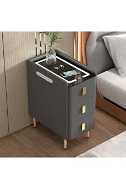 Generic Smart Bedside Table 3 Drawers with Wireless Charging Ports LED gray